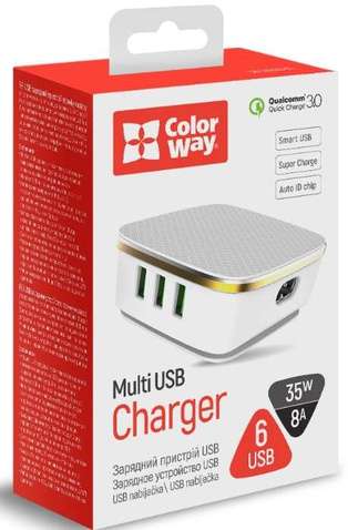 Зарядний пристрій ColorWay 6USB (1QC3.0 + 5 AUTO ID) 7A (35W) білий (CW-CHS019Q-WT)