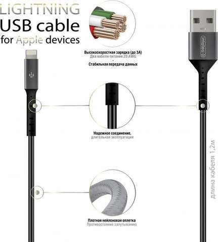 Кабель  Intaleo CB0 USB-Lightning 1.2м Black/Grey (1283126495625)