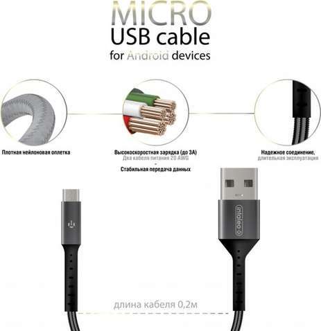 Кабель  Intaleo CB0 USB-microUSB 0.2м Black/Grey (1283126495632)