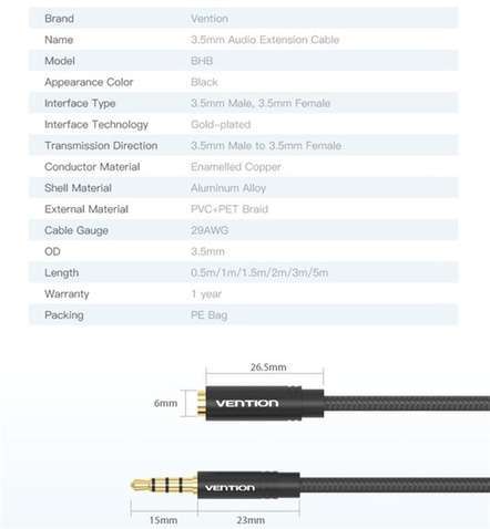 Кабель  Vention Audio 3.5 mm M - 3.5 mm F, 1m, Black (BHBBF)