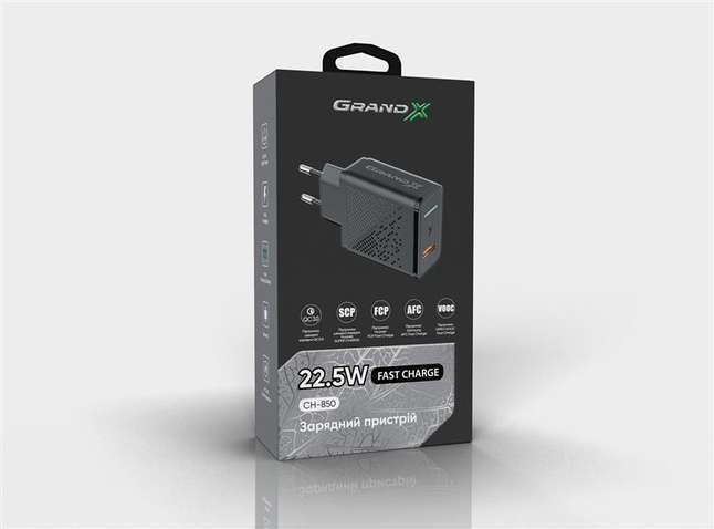 Зарядний пристрій  Grand-X Fast Charge 5-в-1 QC 3.0, AFC, SCP, FCP, VOOC (1хUSB, 22.5W) Bla