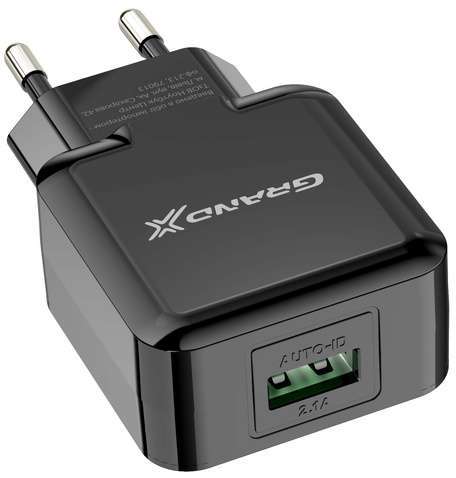 Зарядний пристрій  Grand-X (1xUSB 5В/2.1А) Black (CH-03B)