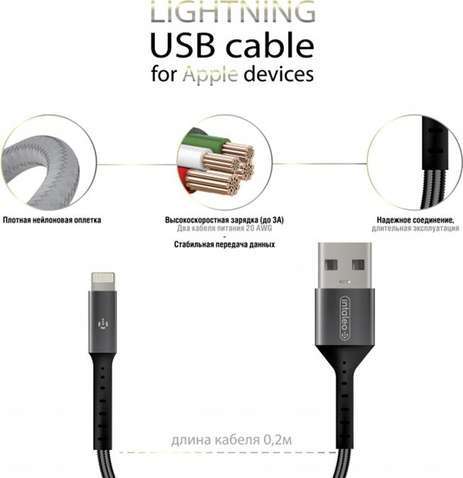 Кабель   Intaleo CB0 USB-Lightning 0.2м Black/Grey (1283126495618)