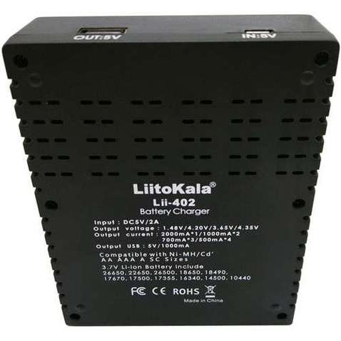 Зарядний пристрій для акумуляторів Liitokala Lii-402, Ni-Mh/Li-ion/Li-Fe/LiFePO4, USB, LED, Box