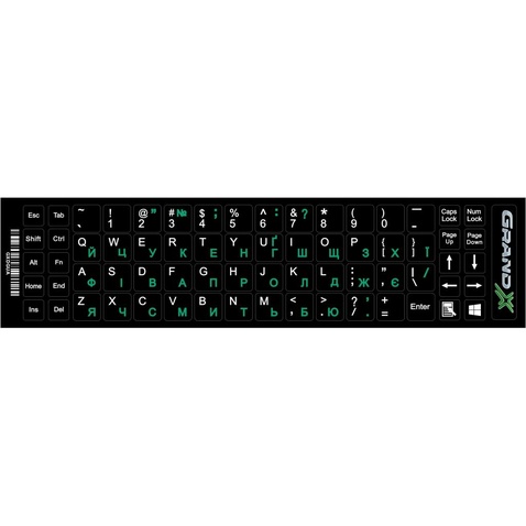 Наклейка на клавіатуру Grand-X рос/укр, непрозора, UA green, Latin white (68 клавіш)