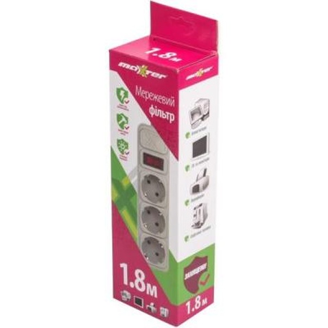 Мережевий фільтр Maxxter SPM3-G-6G, сірий, 1.8 м кабель, 3 розетки