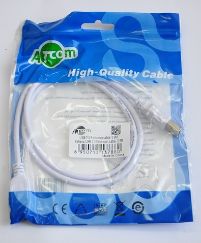 Кабель USB 2.0 (AM/AF) 0.8m Atcom (3788), White
