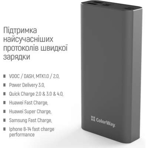 Батарея універсальна ColorWay 20 000 mAh PD/20W, QC/3.0, USB-C/Micro-USB/Lightning/USB-A max.22.5W Gray (CW-PB200LPH3GR-PDD)