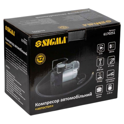 Автомобільний компресор Sigma 12В, 180Вт, 37л/мин, 10бар (6170251)