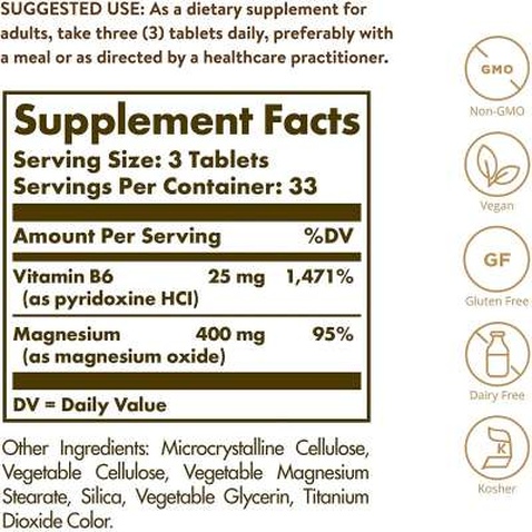 Мінерали Solgar Магній з вітаміном B6, Magnesium with Vitamin B6, 100 таблет (SOL01720)