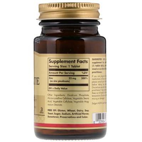 Мінерали Solgar Цинк Піколінат 22 мг, Zinc Picolinate, 100 таблеток (SOL-03725)
