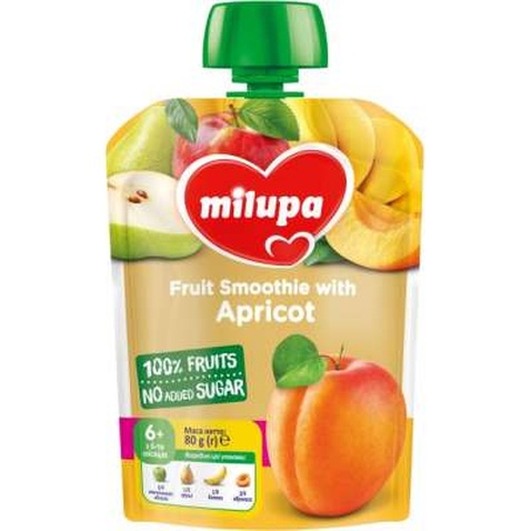 Дитяче пюре Milupa Яблуко, груша, банан і абрикос з 6 місяців 80 г (6438091403600)