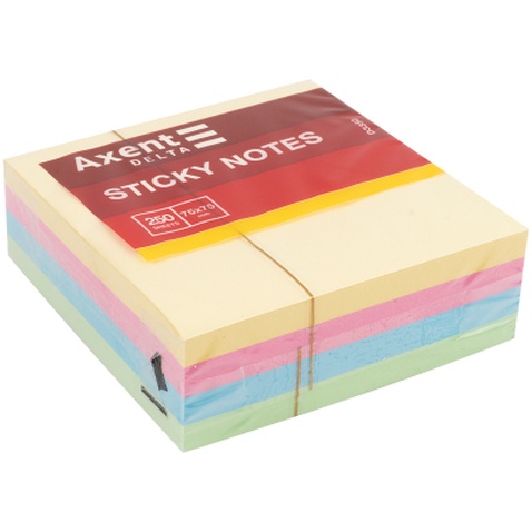 Папір для нотаток Axent з клейким шаром Асорті пастельних кольорів 75х75мм, 250 аркушів (D3350)
