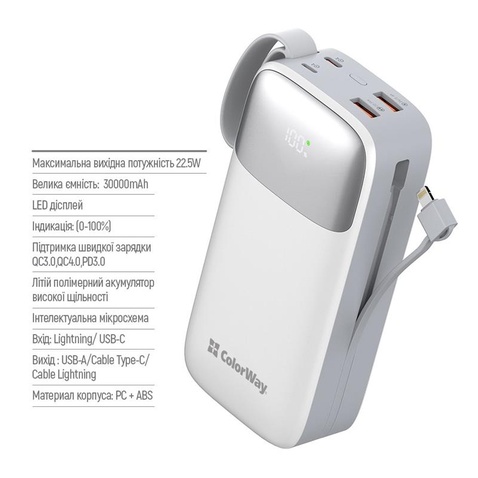 Зовнішній акумулятор ColorWay 30000mAh White (CW-PB300LPA4WT-PDD)