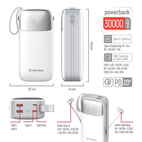 Зовнішній акумулятор ColorWay 30000mAh White (CW-PB300LPA4WT-PDD)