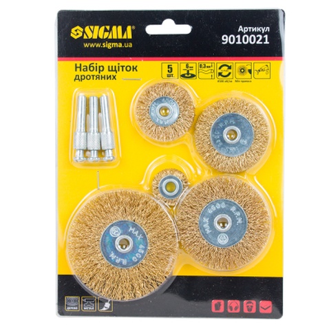 Щітка для електроінструменту Sigma набір 5шт, 25; 38; 50; 65; 75мм, хвостовик 6мм, латуновані (9010021)