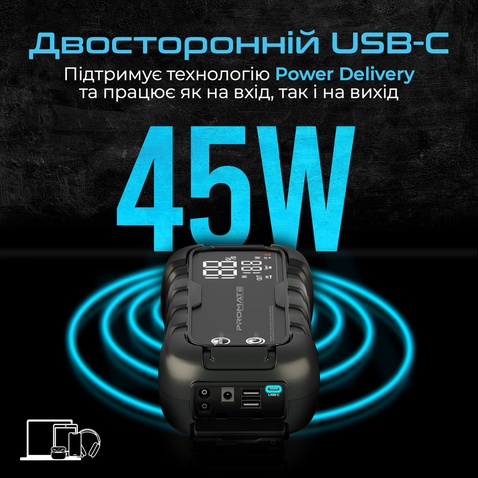 Пускозарядний пристрій  Promate SparkTank-20 20000 mAh 1000A/2000A Jump Starter DC USB-C 2xUSB-A Black (sparktank-20)