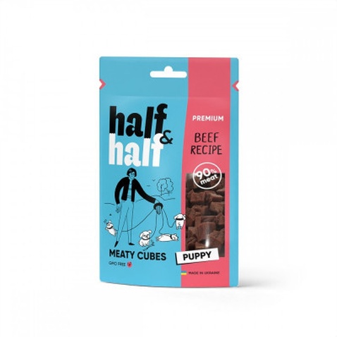 Ласощі для собак Half&Half у формі м'ясних кубиків з яловичиною 100 г (4823082431786)