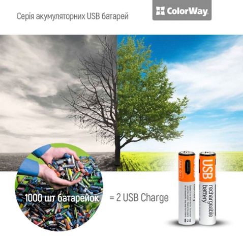 Акумулятор ColorWay AAА USB-С 590 mAh 1.5V (2шт) (Li-Polymer) (CW-UBAAA-09)
