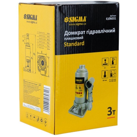 Домкрат Sigma гідравлічний пляшковий 3т H 175-345мм (6106031)
