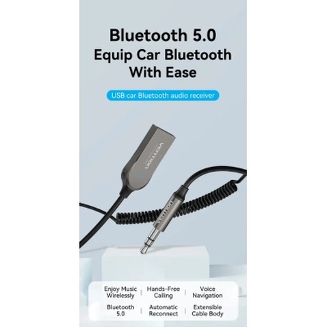 FM модулятор Vention AUX TRS 3.5мм USB Bluetooth 5.0 Coiled Cable 1.5M Gray Zinc (NAGHG)