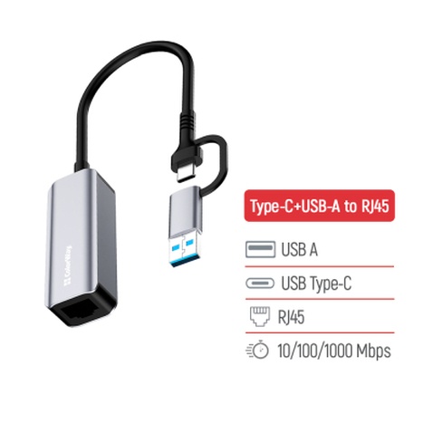 Адаптер USB-C + USB A to RJ45 Ethernet 1000Mbps ColorWay (CW-AD-CRG)