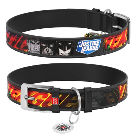 Нашийник для тварин WAUDOG Design з QR паспортом "Ліга справедливості" Ш 12 мм Д 18-24 см чорний (0012-1010-01)