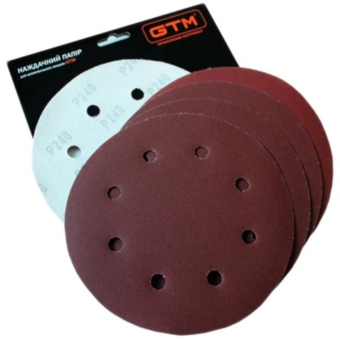 Наждачний папір GTM круг з отворами 180мм Р-180, липучка, 5шт. (SZS180L P180)